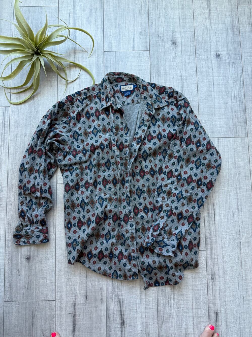 Ruff Hewn Southwestern Aztec Button Up Shirt Large Gray Cotton Flannel USA